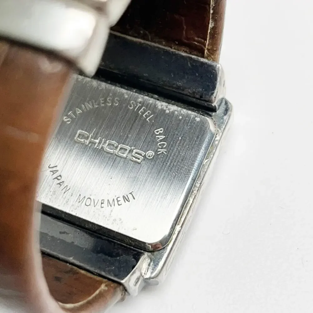 Chico's Silver & Brown Leather Etched Hinge Watch